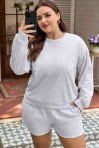 Light Grey Girly Bow Embroidered Puff Sleeve Pullover Loose Shorts Plus 2pcs Outfit
