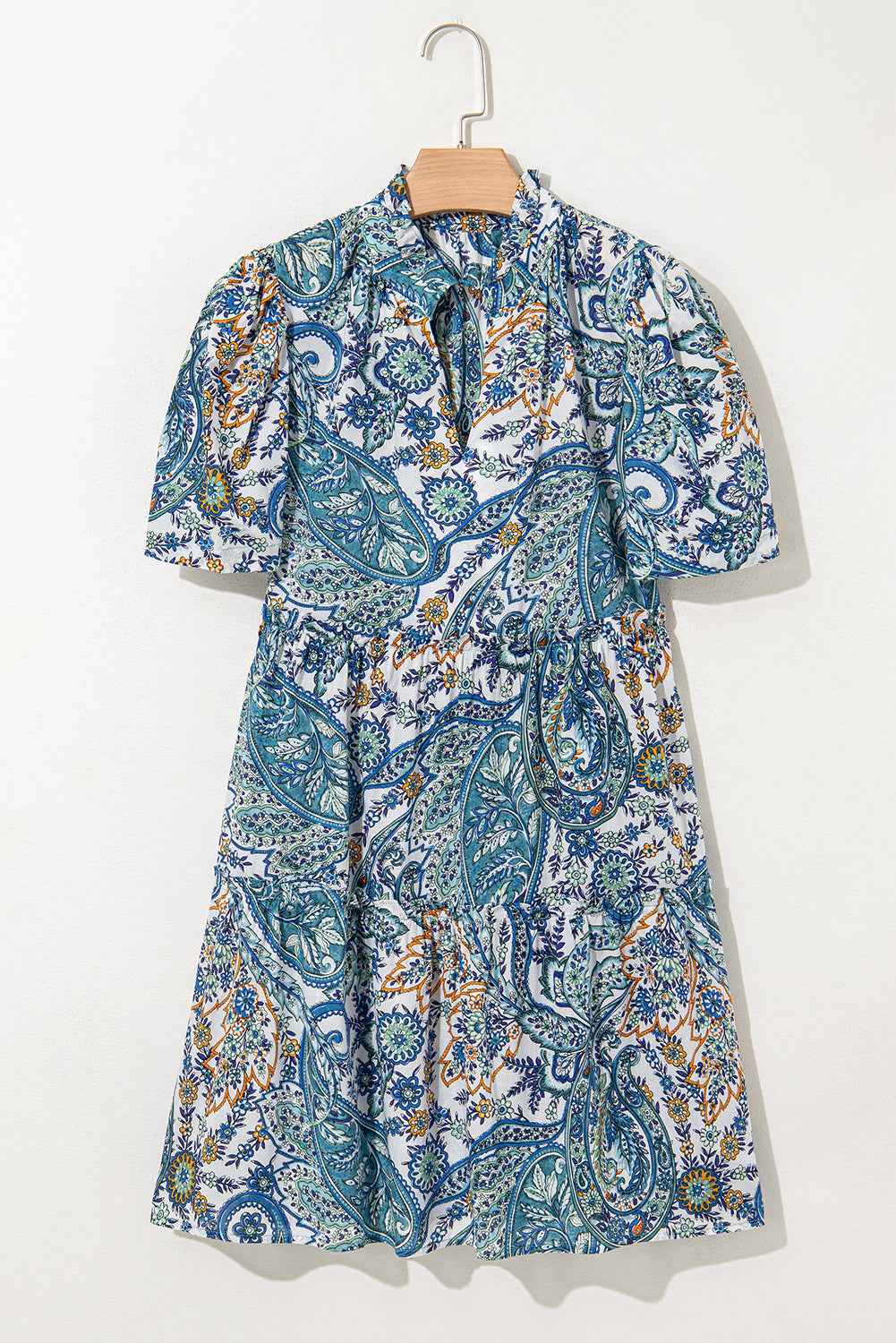 Blue Bohemian Paisley Floral V Neck Short Sleeve Mini Dress