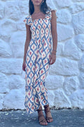 Sky Blue Ethnic Geometric Print Square Neck Smocked High Waist Ruffle Sleeve Dress