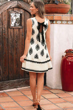 Beige Geometric Printed Sleeveless Hollowed Bowknot Back Mini Dress