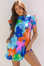 Blue Bold Floral Flutter Sleeve Shift Mini Dress with Pockets
