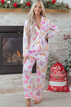 Pink Striped Bow Print Contrast Piping Trim Shirt and Pants 2pcs Pajama Set