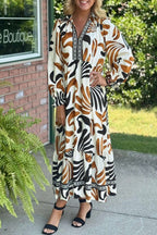 Brown Tropical Printed Contrast Trim Neck Long Sleeve Ruffle Hem Dress