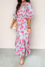 Red Elegant Floral Puff Sleeve Midi Dress