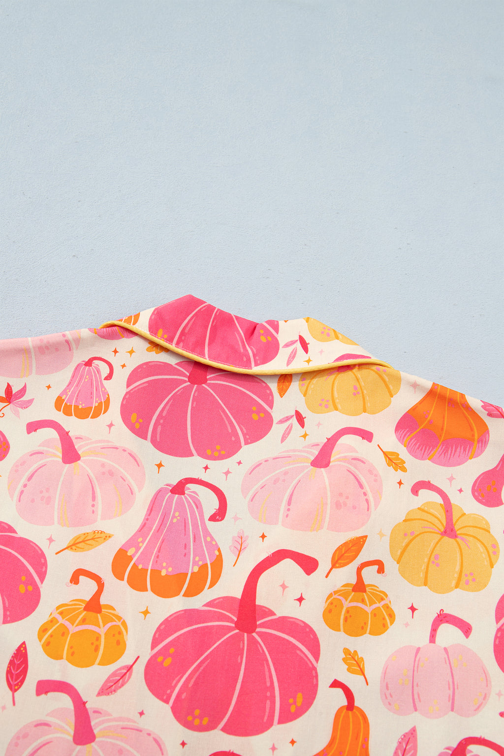 Pink Short Sleeve Pumpkin Print Pocket Placket Shell Button Lounge Set - MuseLover