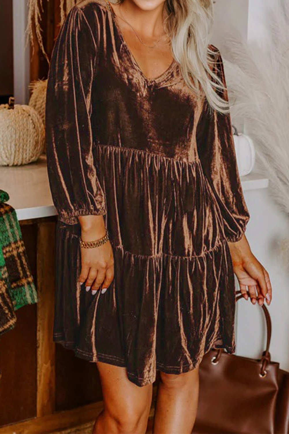 Chicory Coffee Solid Color Velvet V Neck Long Sleeve Tiered Mini Dress
