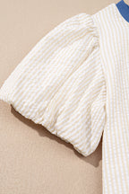 Beige Stripe Seersucker Contrast Round Neck Puff Sleeve T Shirt Dress