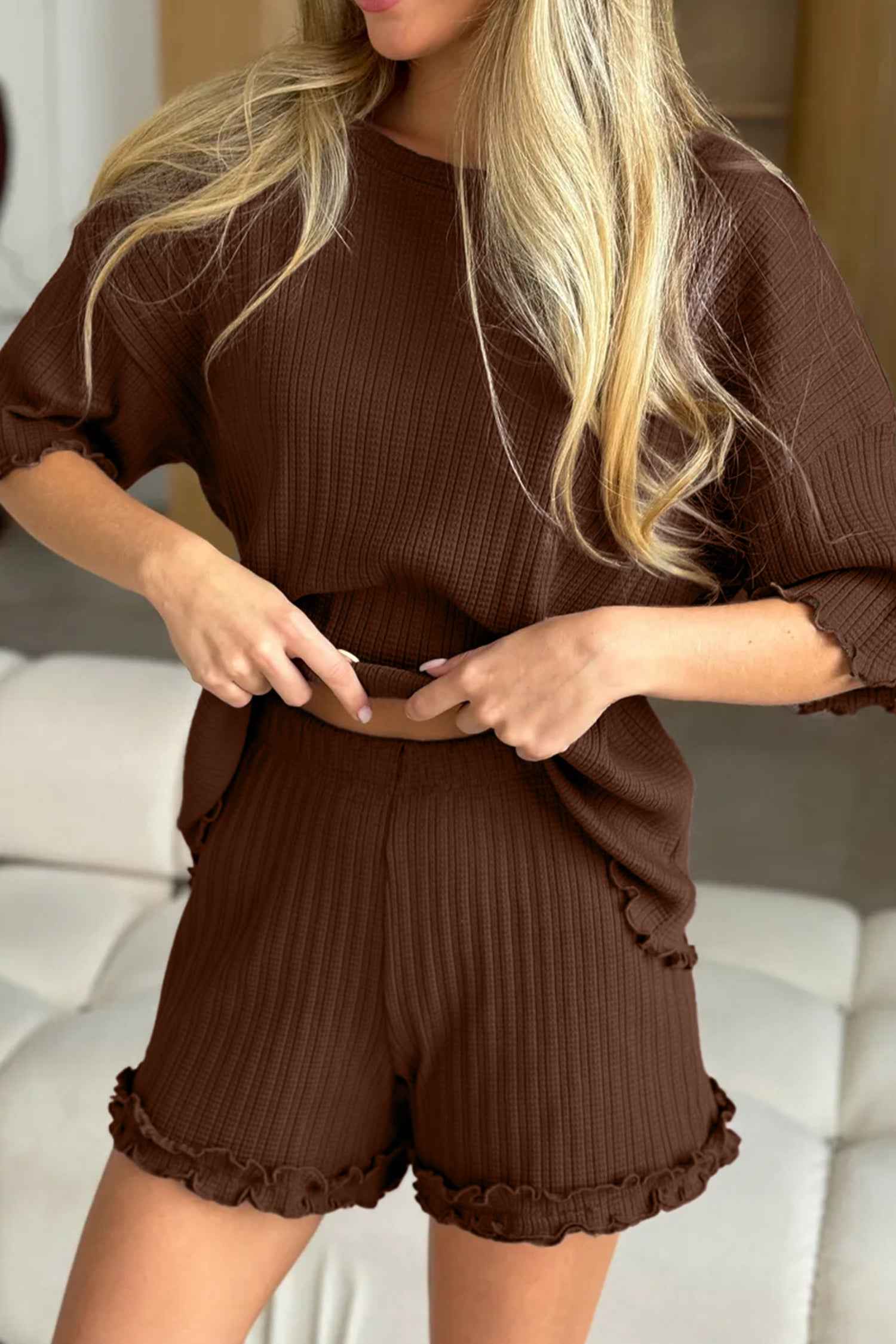 Dark Brown Textured Ribbed Knit Lettuce Trim 2pcs Lounge Set