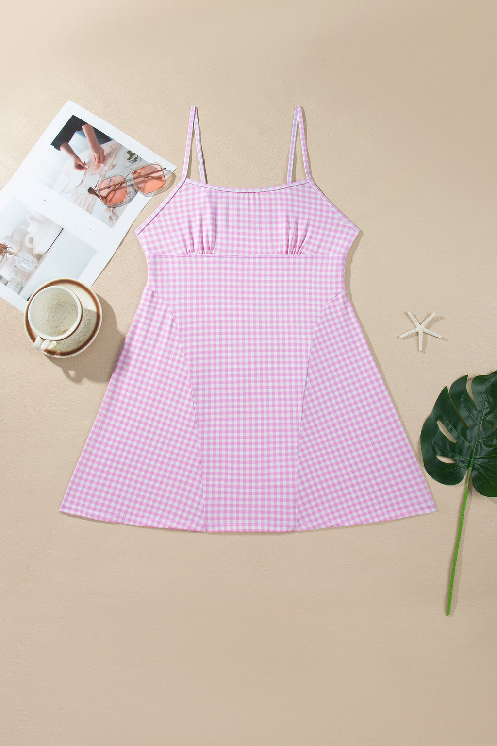 Sky Blue Gingham Plaid Double Layered Cami Mini Dress 3pcs Set