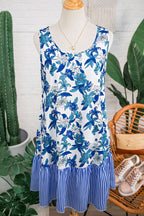Sky Blue Floral Print U Neck Sleeveless Striped Ruffle Hem Patchwork Dress
