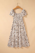 Beige Ditsy Floral Print Smocked Square Neck Ruffle Short Sleeve Dress