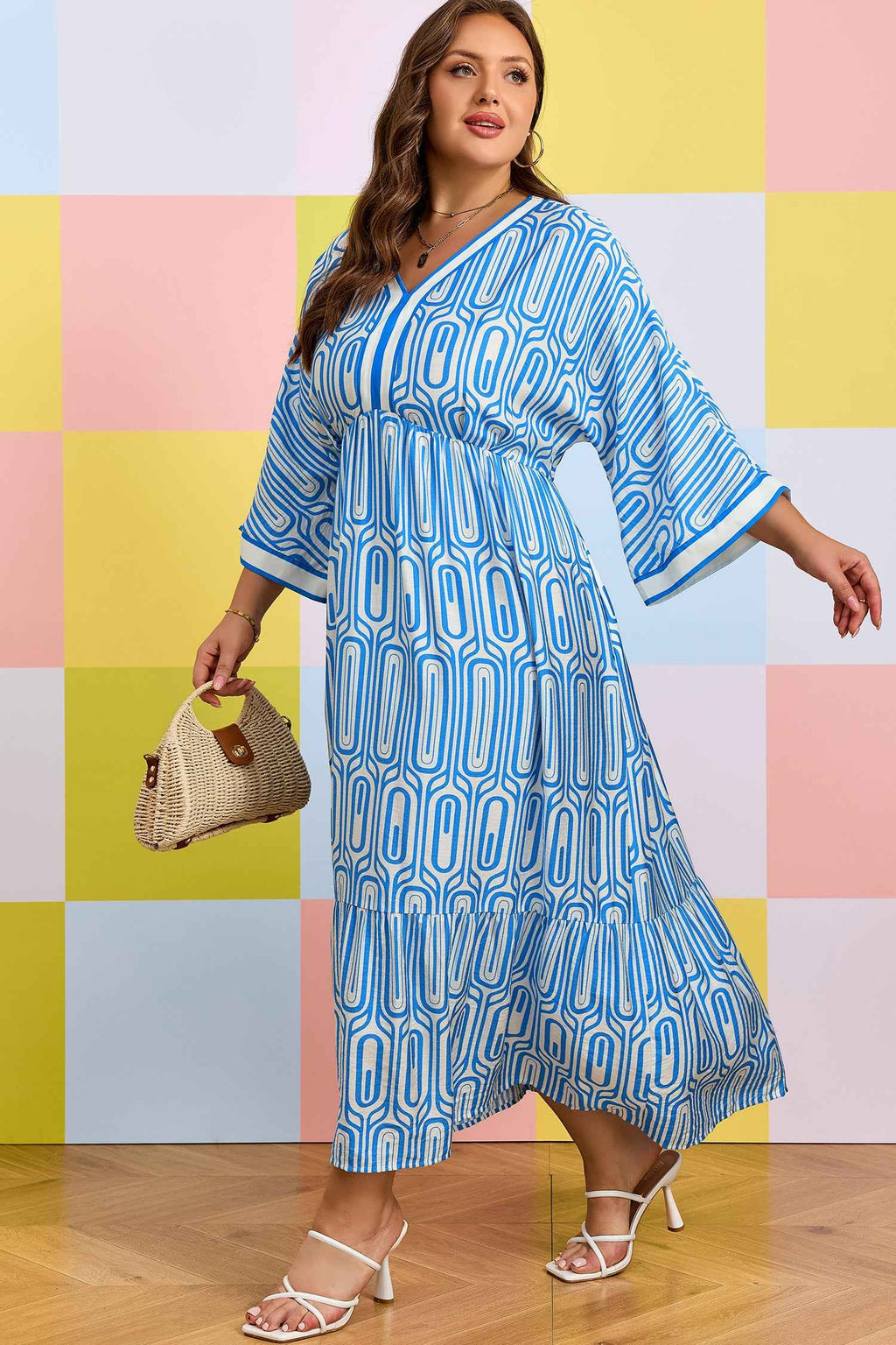 Sky Blue Plus Size Geometric Print Contrast Trim V Neck Bracelet Sleeve Long Dress