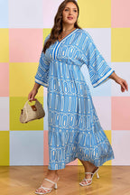 Sky Blue Plus Size Geometric Print Contrast Trim V Neck Bracelet Sleeve Long Dress