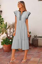 Black Stripe Contrast Trim V Neck Flutter Sleeve Casual Long Dress