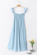 Sky Blue Off Shoulder Ruched Bust Sheer Slit Maxi Dress