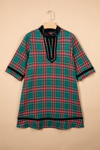Green Plaid Velvet Trim Pockets Short Shift Dress