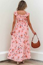 Pink Floral V Neck Smocked High Waist Ruffle Hem Long Dress