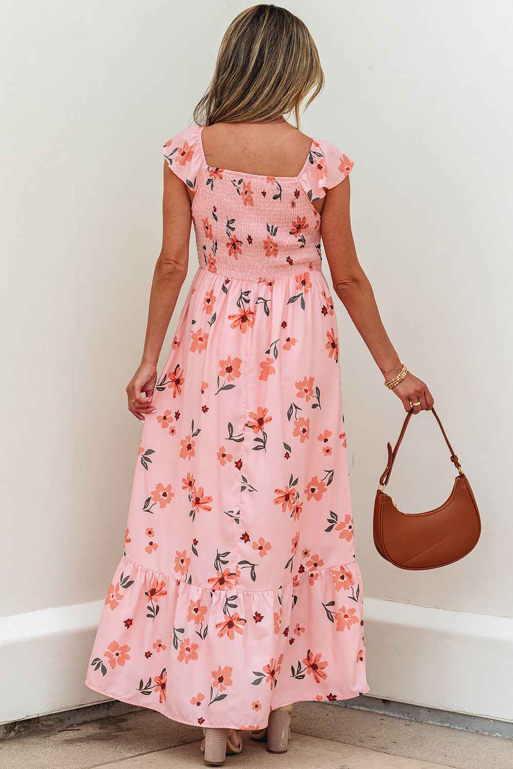 Pink Floral V Neck Smocked High Waist Ruffle Hem Long Dress