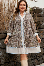 Khaki Plus Size Leopard Print Striped Trim V Neck Drop Waist Long Sleeve Mini Dress