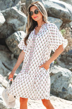 Pink Floral Print Bubble Sleeve Neck Tie Ruffled Dress