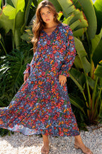 Blue Floral Print Tassel Tie V Neck Long Sleeve Flowy Long Dress