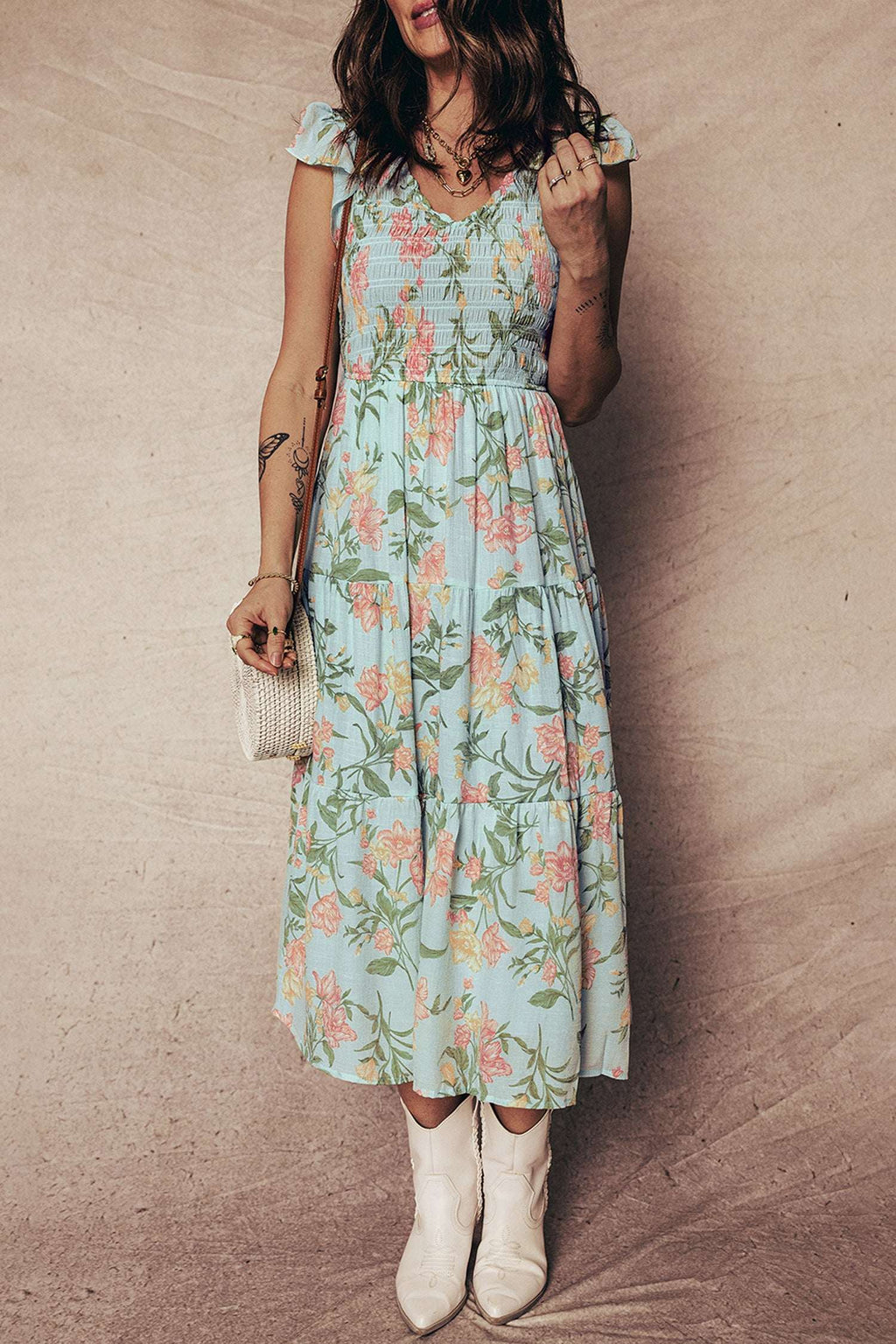 Yellow Smocked Bodice Ruffled Sleeveless Tiered Floral Maxi Dress
