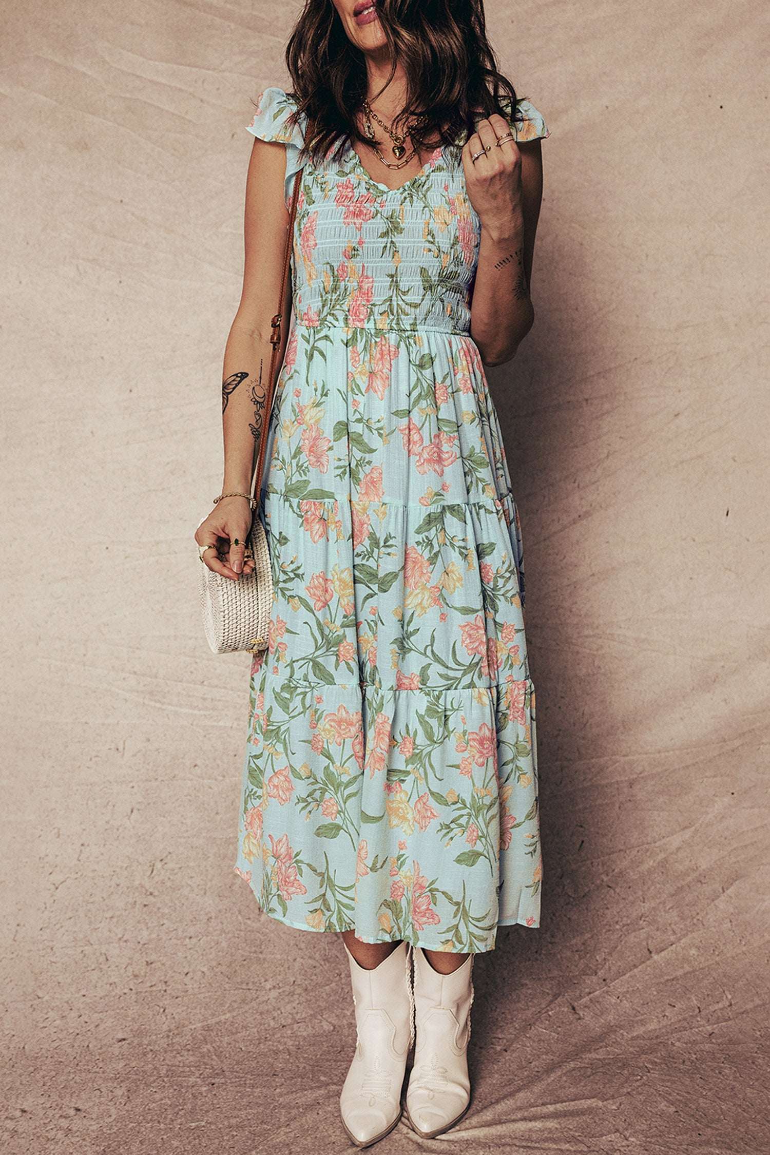 Yellow Smocked Bodice Ruffled Sleeveless Tiered Floral Maxi Dress