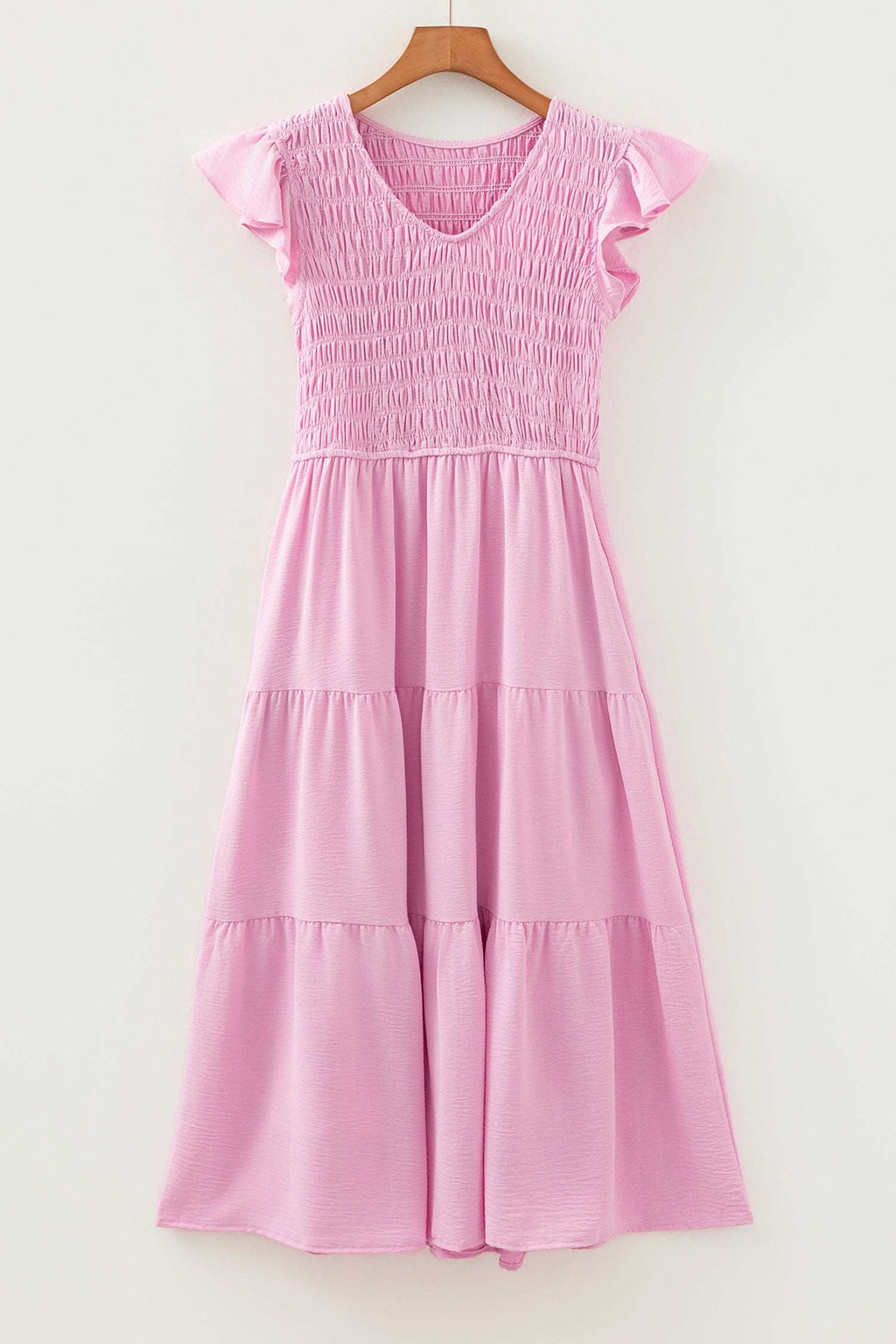 Pink Smocked Bodice Flutter Sleeve Fit Flare Tiered Midi Dress