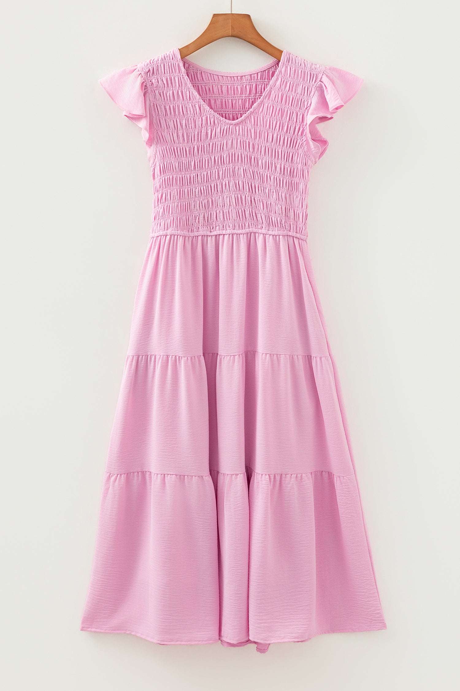 Pink Smocked Bodice Flutter Sleeve Fit Flare Tiered Midi Dress