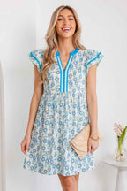 Sky Blue Floral Print Contrast Trim Flutter Sleeve Mini Dress