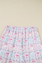 Pink Bow Wreath Pattern Christmas Holiday Tied Front Long Sleeve 2pcs Pajama Set