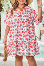 Red Floral Ruffled Half Sleeve V Neck Plus Size Dress