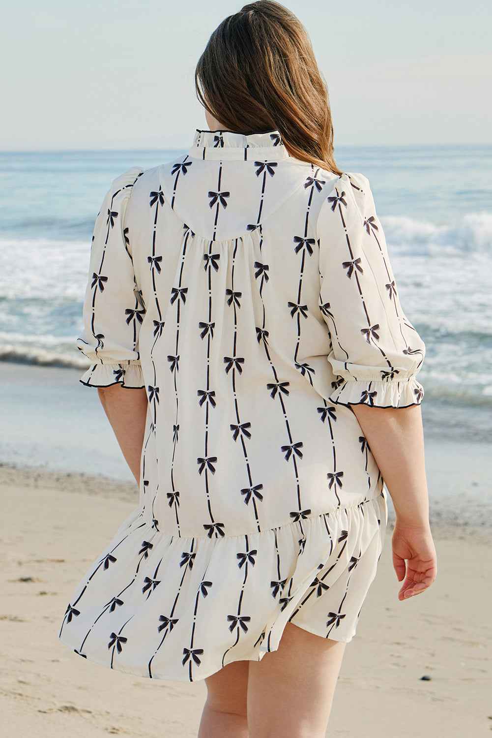 Apricot Bow Printed Puff Sleeve Ruffled Plus Size Mini Dress