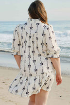 Apricot Bow Printed Puff Sleeve Ruffled Plus Size Mini Dress