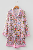 Pink Christmas Holiday Print Nutcracker Long Sleeve Shorts 2pcs Pajama Set
