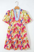 Rose Bright Floral Print Ricrac Trim Striped Patchwork V Neck Dress