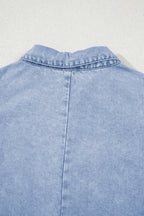 Beau Blue Double Ruffled Sleeves Buttoned A-line Collared Mini Denim Dress