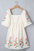 Beige Floral Print Puff Sleeve Babydoll Dress