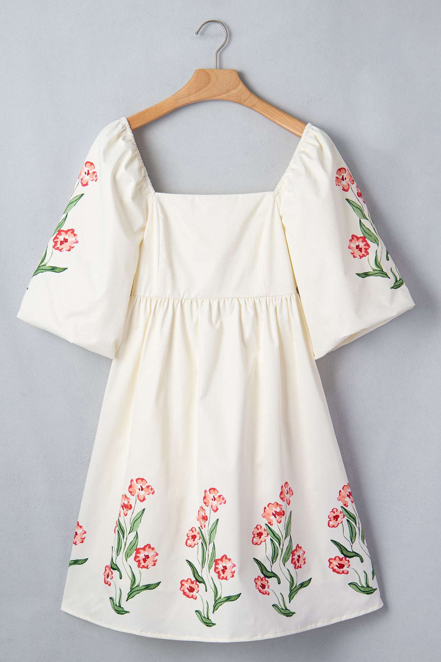 Beige Floral Print Puff Sleeve Babydoll Dress