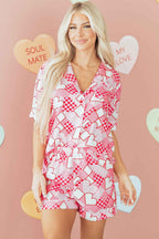 Pink Heart Print Shirt Style Silky Short Pajama Set