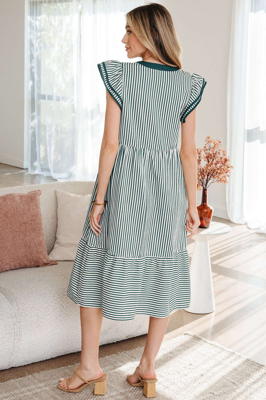 Black Stripe Double Ruffled Short Sleeve Contrast Trim V Neck Midi Dress