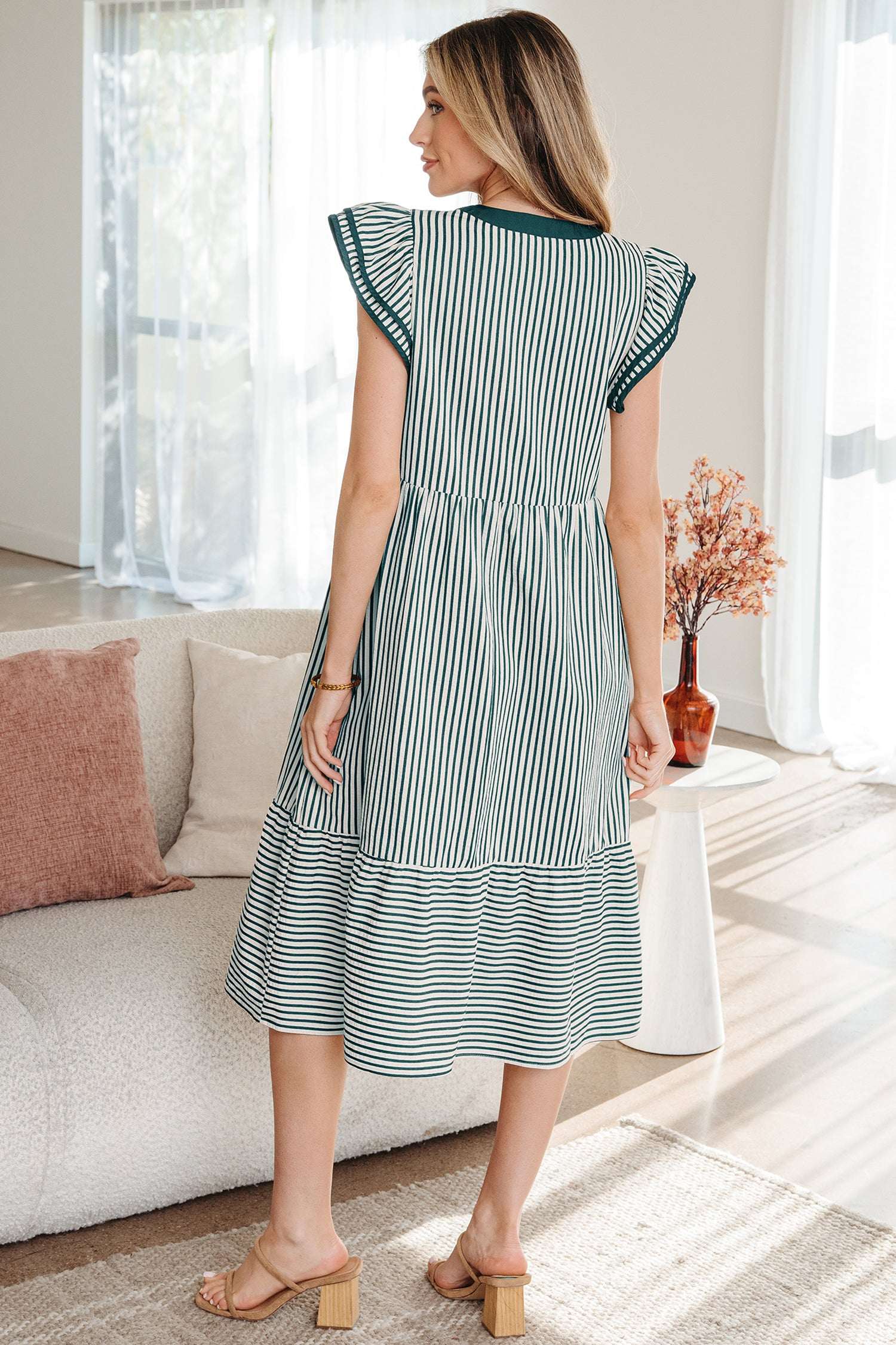 Black Stripe Double Ruffled Short Sleeve Contrast Trim V Neck Midi Dress