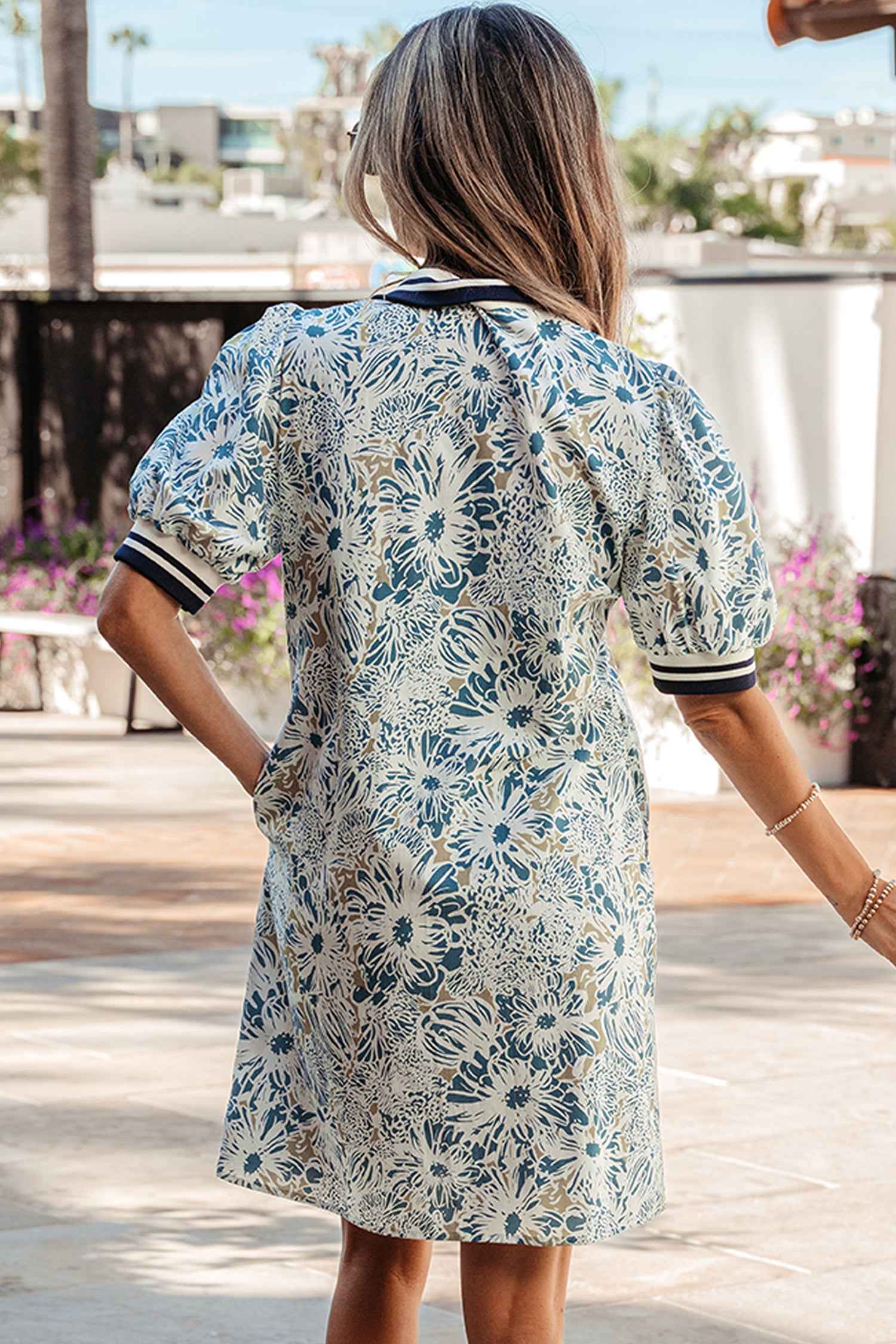 Blue Floral Print Striped Webbing Patchwork Collar Short Sleeve Mini Dress