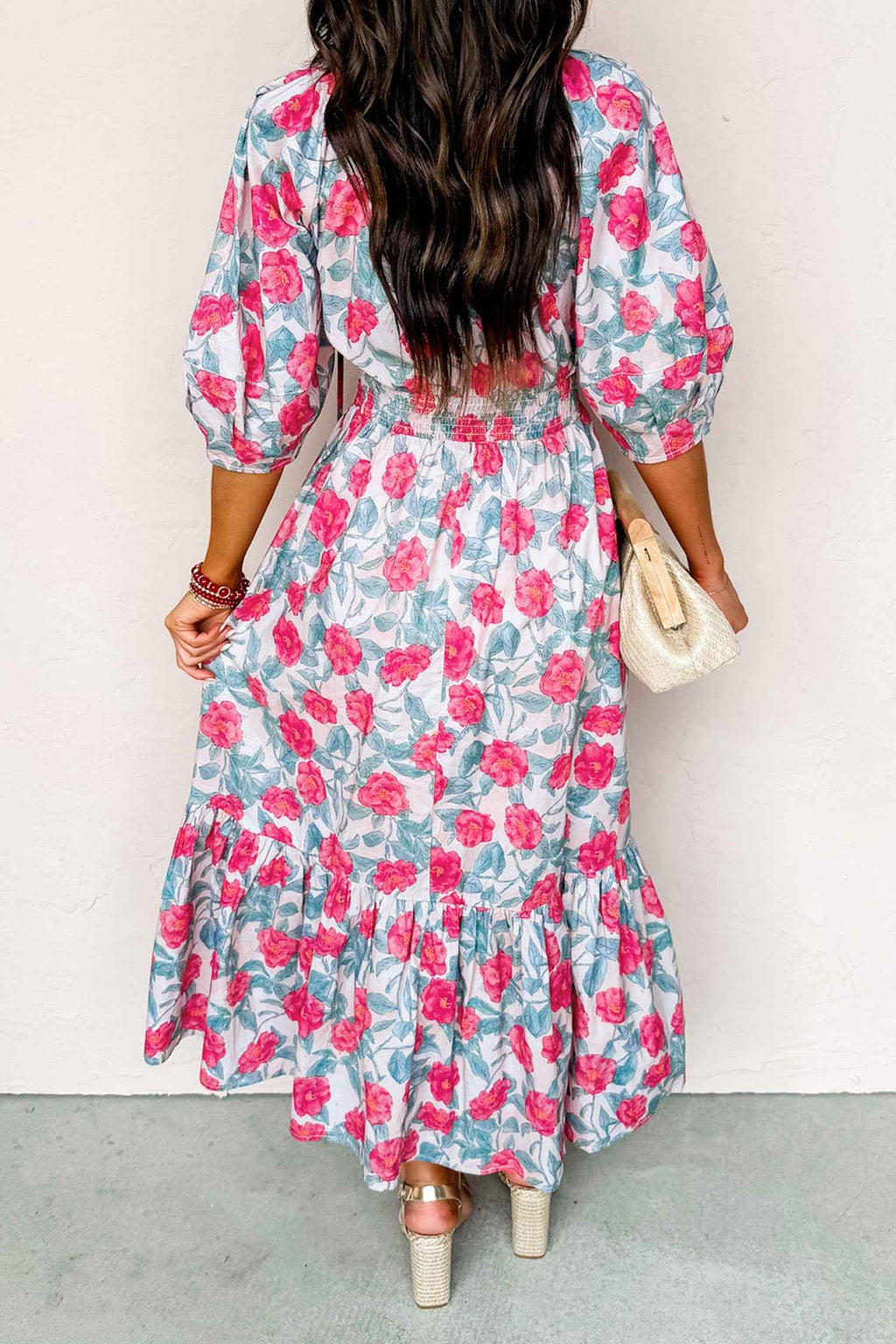 Red Elegant Floral Puff Sleeve Midi Dress