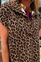 Khaki Buttoned Collar Short Sleeve Shift Leopard Dress with Pockets