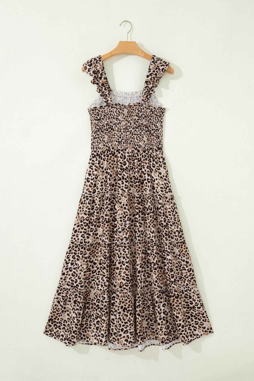 Brown Ruffled Straps Smocked Tiered Leopard Maxi Dress