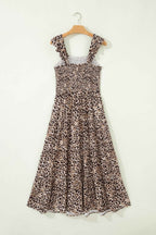 Brown Ruffled Straps Smocked Tiered Leopard Maxi Dress