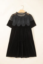 Black Embroidered Velvet Short Sleeve Mini Shift Dress