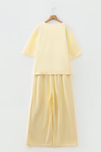 Yellow Cream Solid Color Eyelet Lace Panel Accent Plus Size 2pcs Outfit