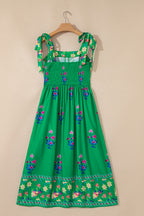 Green Floral Print Contrast Trim Knotted Straps Midi Dress